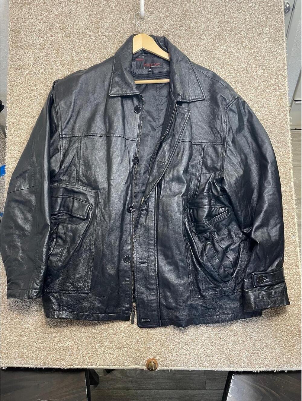 VINTAGE Phase Two Leather Jacket Coat Mens 2XLBlack Tall